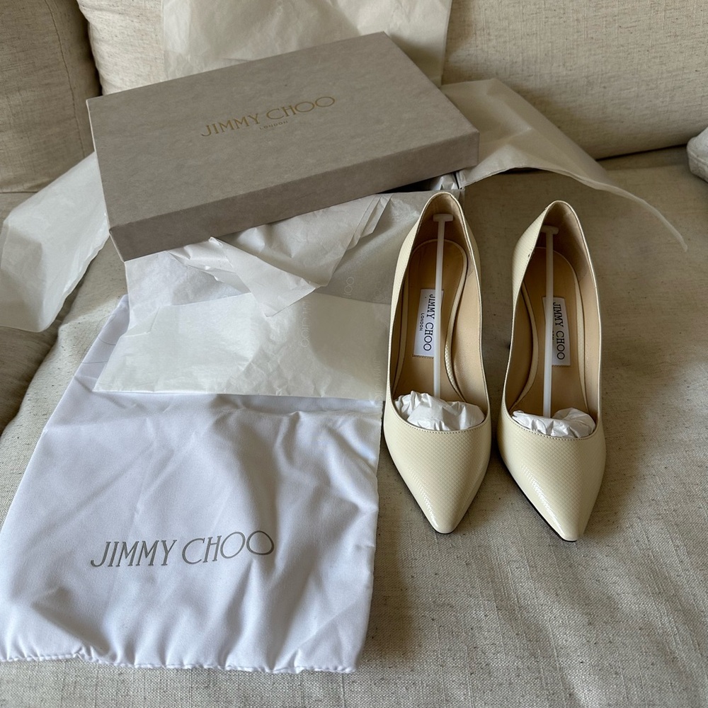 Jimmy Choo Romy 85 Latte Chevron Embossed Patent